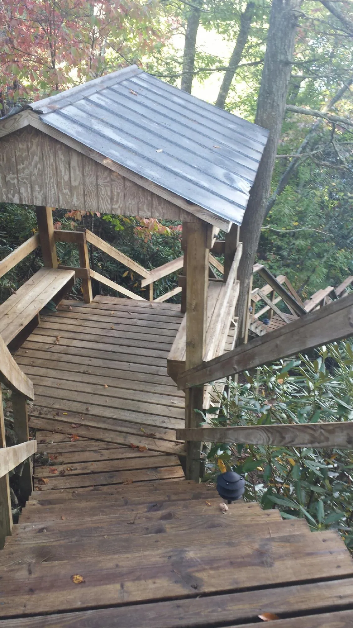 Metal roofed shelter over wooden steps on a wooded walkway — Skylight Repair & Installation work by our crew in Lewistown